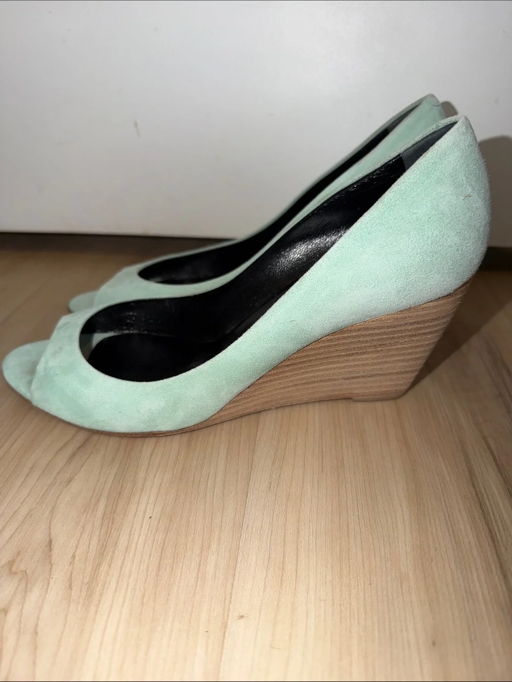 Pierre Hardy Mint Suede Peep-Toe Wedge Pumps